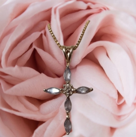 Solid 14k Gold Tanzanite Diamond Cross Pendant - Picture 5 of 14